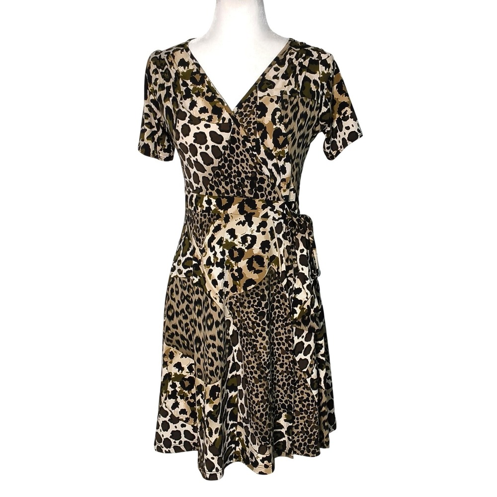 Soprano Wrap Dress Women Medium Brown Leopard Animal Print Short‎ Sleeve